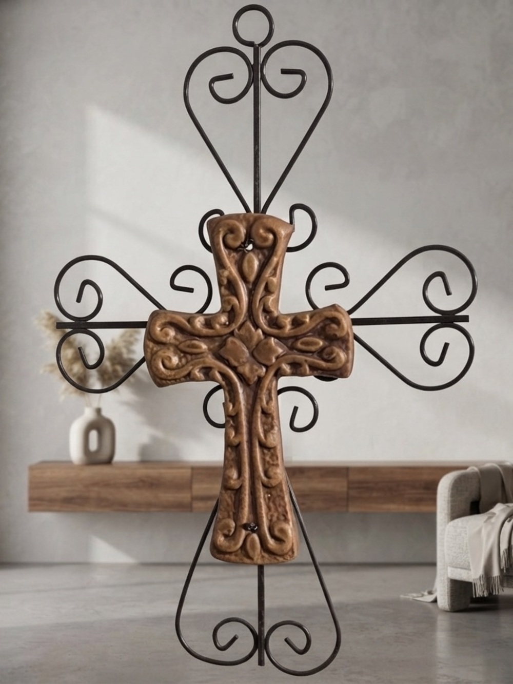 Brown Ceramic Cross over Blake Metal cross. Wall Cross Decor